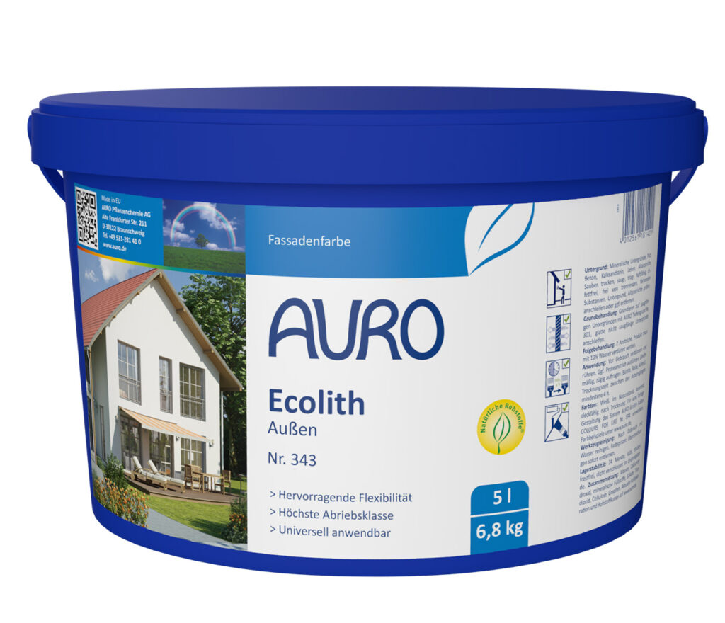 AURO Ecolith Außen Nr. 343 – Fassadenfarbe 5 Liter Gebinde Weiße Fassadenfarbe AURO Ecolith Außen Nr. 343 in 5 Liter Gebinde – hohe Deckkraft, schimmelhemmend und besonders ergiebig.