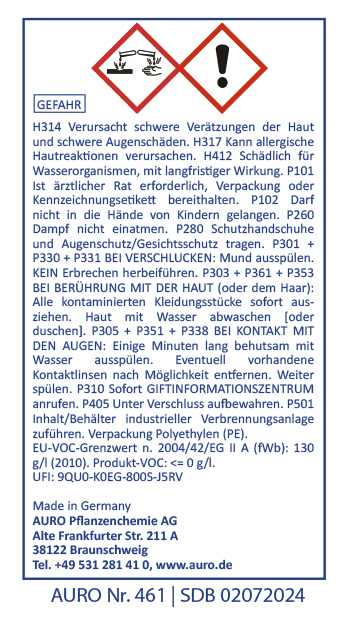 Deutsches Chemikaliensicherheitsetikett mit Gefahrenpiktogrammen, Sicherheitshinweisen und Erste-Hilfe-Anweisungen. Enthält Herstellerangaben: AURO Pflanzenchemie AG, Produktnummer 461 und Sicherheitsdatenblatt-Referenz SDB 23062023.