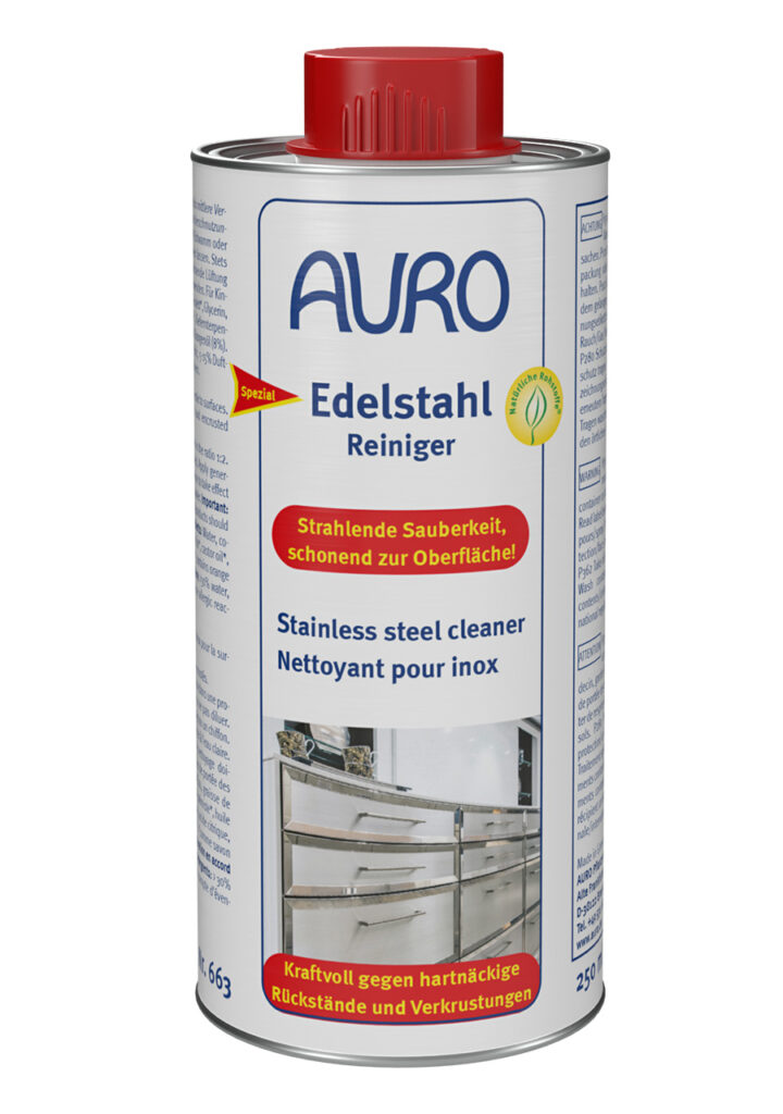 AURO Edelstahl-Reiniger Nr. 663 Blechflasche 0,25 Liter AURO Edelstahl-Reiniger Nr. 663 in 0,25 Liter Blechflasche zur schonenden Reinigung von Spülen, Töpfen und Herdplatten.