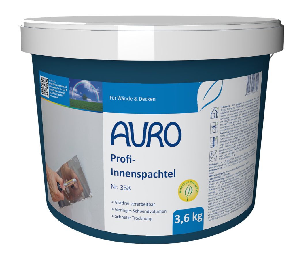 AURO Profi-Innenspachtel Nr. 338 in 3,6 kg Gebinde – gebrauchsfertige Spachtelmasse mit REPLEBIN®