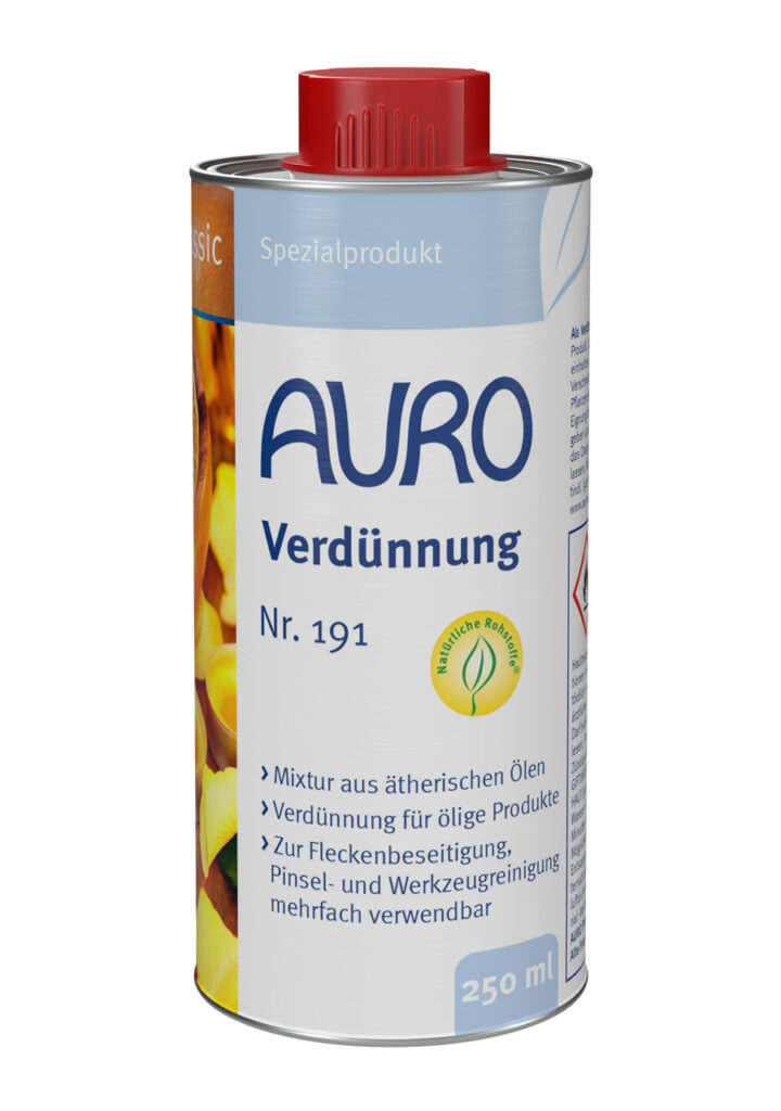 AURO Verdünnung Nr. 191 – Lösungsmittel 0,25 Liter Blechflasche AURO Verdünnung Nr. 191 in 0,25 Liter Blechflasche – vielseitiges Lösungsmittel für PurSolid- und Classic-Produkte.