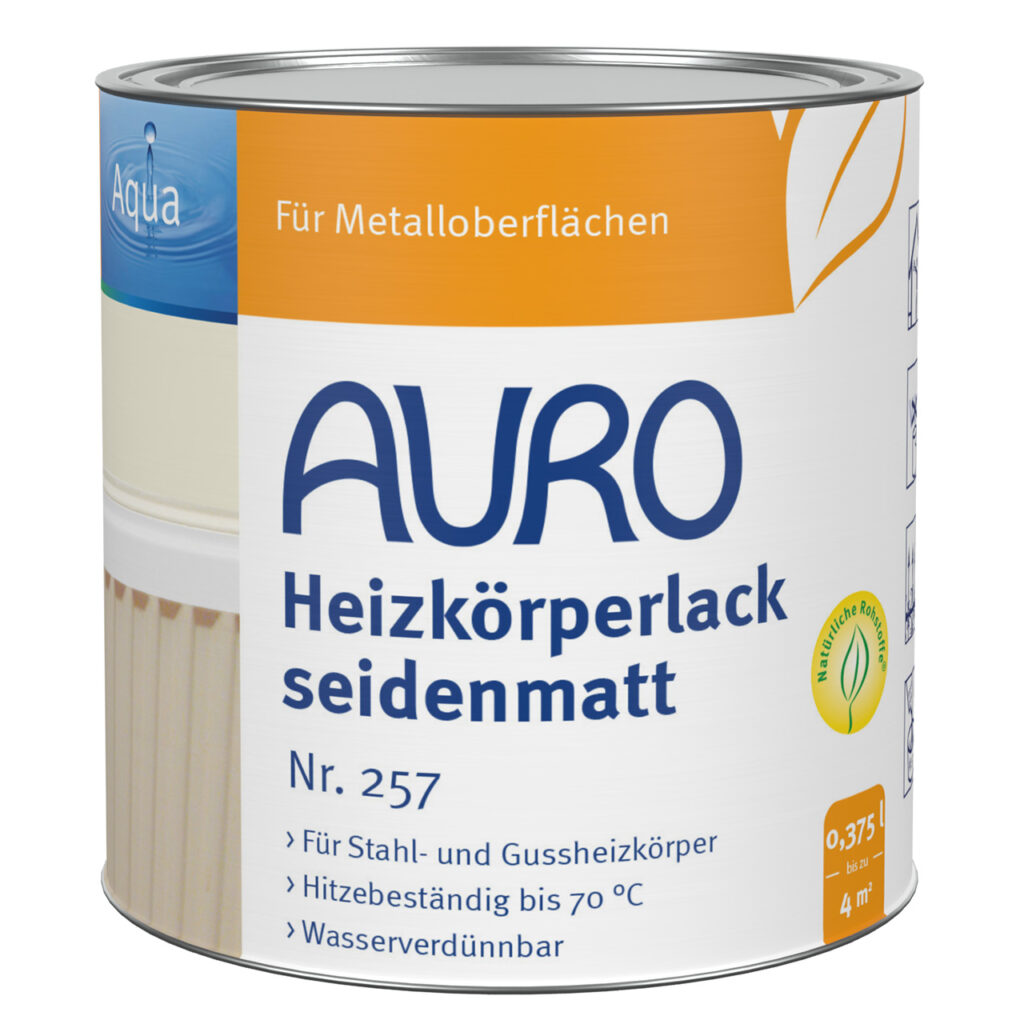 AURO Heizkörperlack Nr. 257 seidenmatt weiß 0,375 Liter Dose AURO Heizkörperlack Nr. 257 in seidenmatt weiß, 0,375 Liter Dose für Stahl- und Gussheizkörper, lösemittelfrei, hitzebeständig