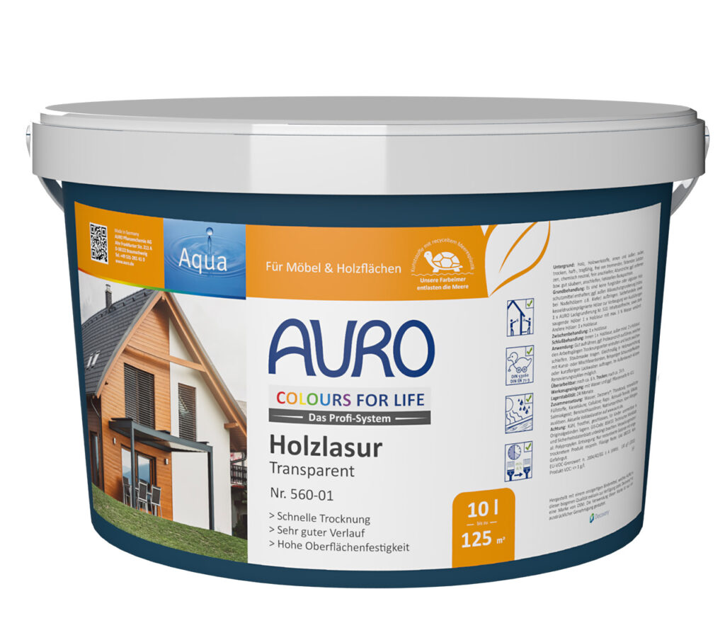 AURO COLOURS FOR LIFE Holzlasur Nr. 560-01 Gebinde 10 Liter AURO COLOURS FOR LIFE Holzlasur transparent Nr. 560-01 im 10 Liter Gebinde – emissionsarme, lösemittelfreie Holzpflege