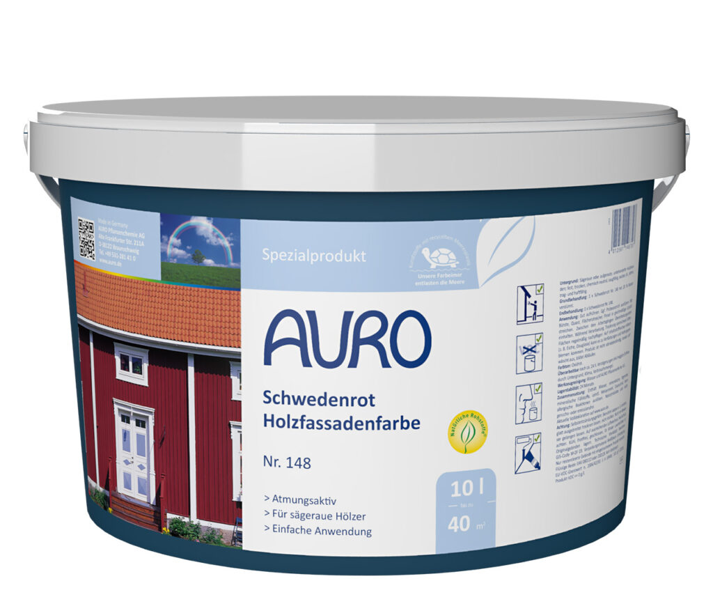AURO Schwedenrot Holzfassadenfarbe Nr. 148 – 10 Liter Gebinde für sägeraue Holzfassaden AURO Schwedenrot Holzfassadenfarbe Nr. 148 im 10 Liter Gebinde – lösemittelfrei für Schwedenhaus-Optik