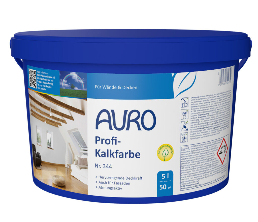 AURO Profi-Kalkfarbe Nr. 344 – 5 Liter Gebinde mineralische Innenfarbe AURO Profi-Kalkfarbe Nr. 344, 5 Liter Gebinde – diffusionsoffene Kalkfarbe mit Schimmelschutz für Innenräume und denkmalgeschützte Bauten