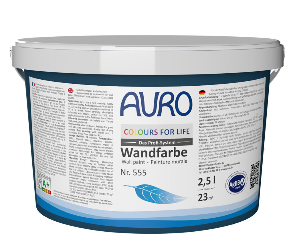 AURO COLOURS FOR LIFE Premium Wand- und Deckenfarbe Nr. 555 2,5 Liter Gebinde AURO COLOURS FOR LIFE Premium Wand- und Deckenfarbe Nr. 555 im 2,5 Liter Gebinde für streifenfreie Wände in Wohnräumen