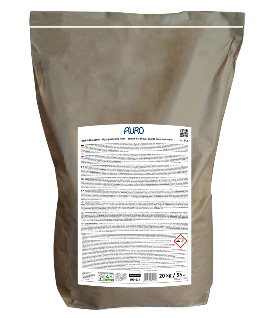 AURO Profi-Kalkspachtel Nr. 342 20 kg Sack für glatte Innenflächen AURO Profi-Kalkspachtel Nr. 342 im 20 kg Sack zum Spachteln und Glätten von Innenwänden vor dem Kalkanstrich