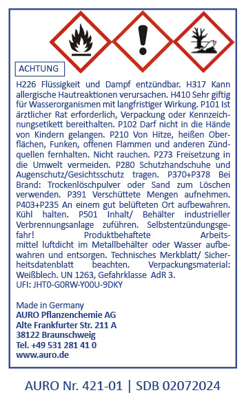 Gefahrenstoff-Symbol Warnhinweis mit den Gefahrensymbolen für Entzündlichkeit, Reizung und Umweltgefährdung. Enthält Sicherheitshinweise, Erste-Hilfe-Informationen, Firmenkontakt und die AURO-Artikelnummer 421-01.