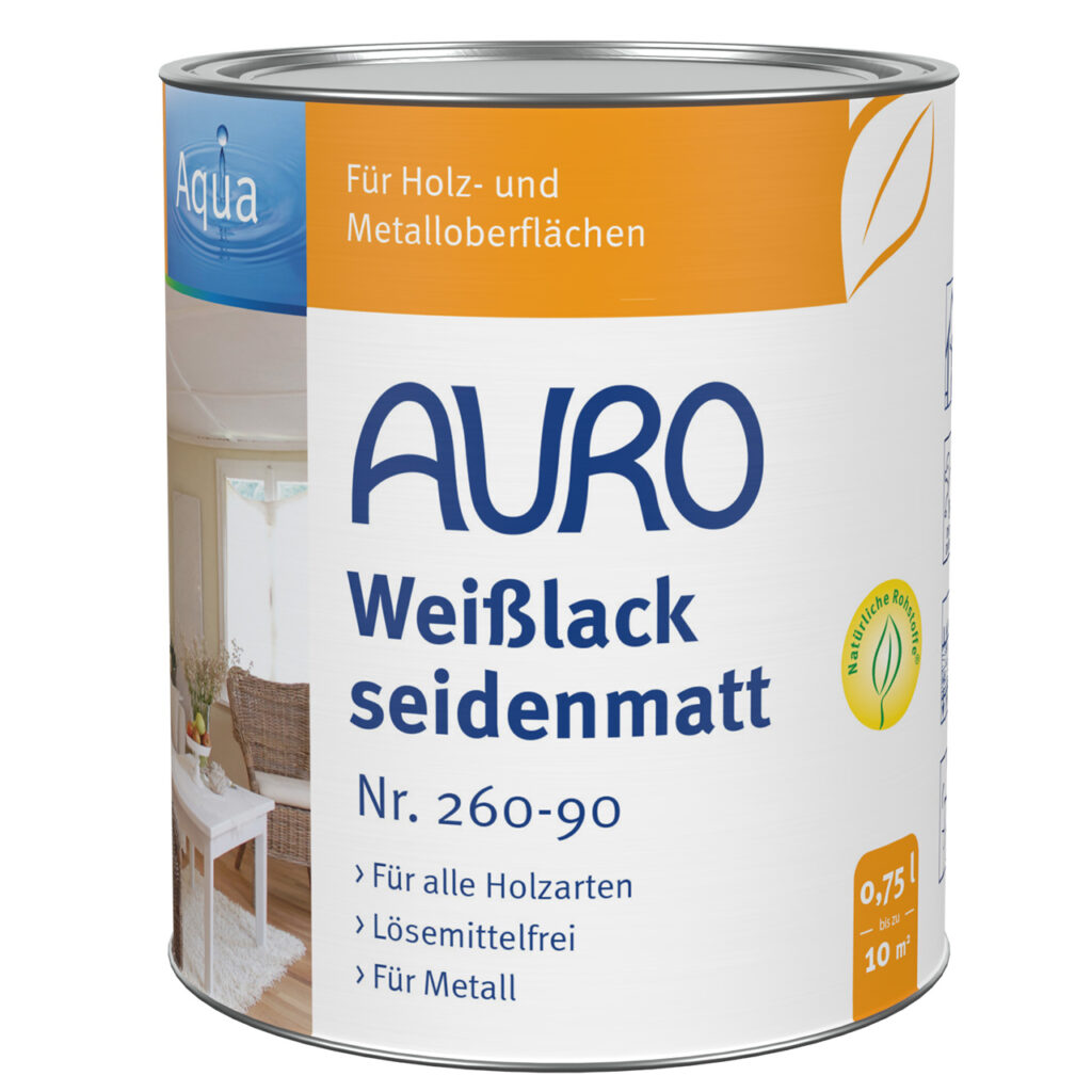 AURO Weißlack seidenmatt Nr. 260-90 – 0,75 Liter Dose für Holz und Metall AURO Weißlack, seidenmatt, Aqua Nr. 260-90 in 0,75 Liter Dose – speichel- und schweißbeständig, ideal für Spielzeug