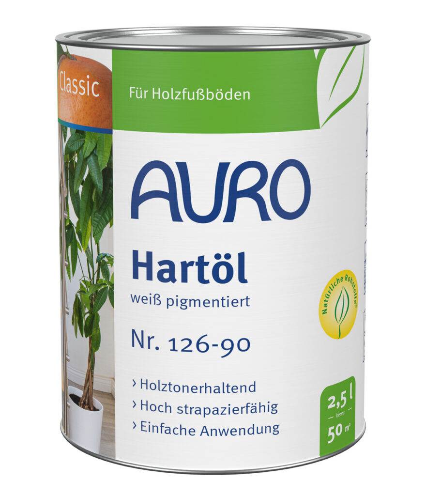 AURO Hartöl, weiß pigmentiert Nr. 126-90 – 2,5 Liter Dose Holzpflege AURO Hartöl, weiß pigmentiert Nr. 126-90 in großer 2,5 Liter Dose für Holzschutz