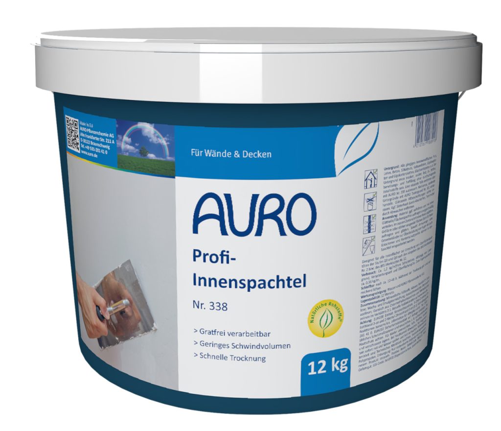 AURO Profi-Innenspachtel Nr. 338 – 12 kg Gebinde für Q3- und Q4-Spachtelqualitäten AURO Profi-Innenspachtel Nr. 338 in 12 kg Gebinde zur emissionsfreien Wand- und Deckenspachtelung