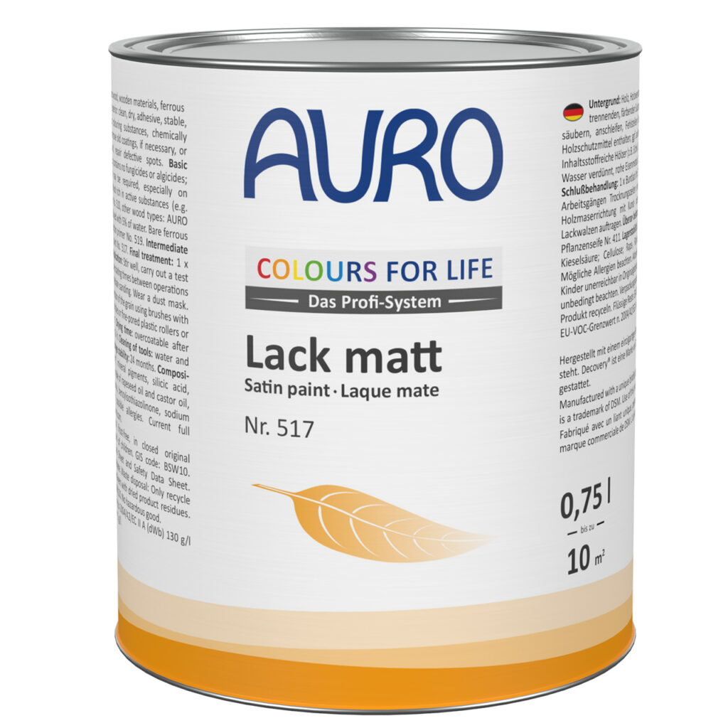 AURO COLOURS FOR LIFE Lack matt Nr. 517, 0,75 Liter Dose AURO COLOURS FOR LIFE Lack, matt Nr. 517 als 0,75 Liter Dose – für langlebige, matte Anstriche innen & außen