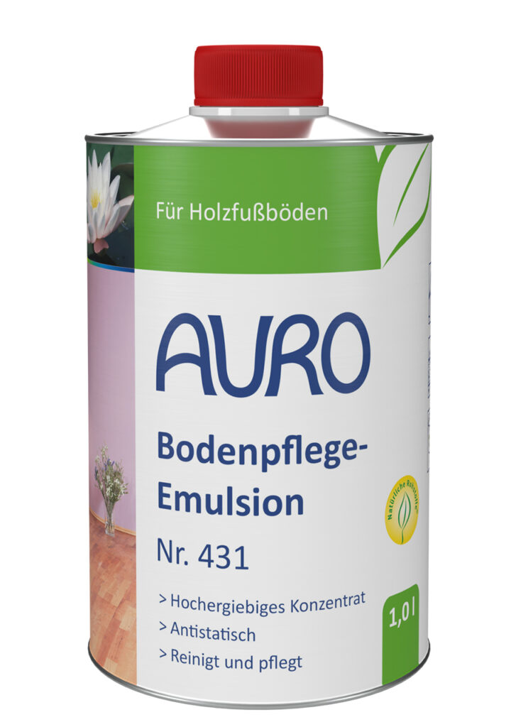 AURO Bodenpflege-Emulsion Nr. 431 für Holzfußböden, Blechflasche 1 Liter AURO Bodenpflege-Emulsion Nr. 431 in 1 Liter Blechflasche für geölte oder gewachste Holzfußböden