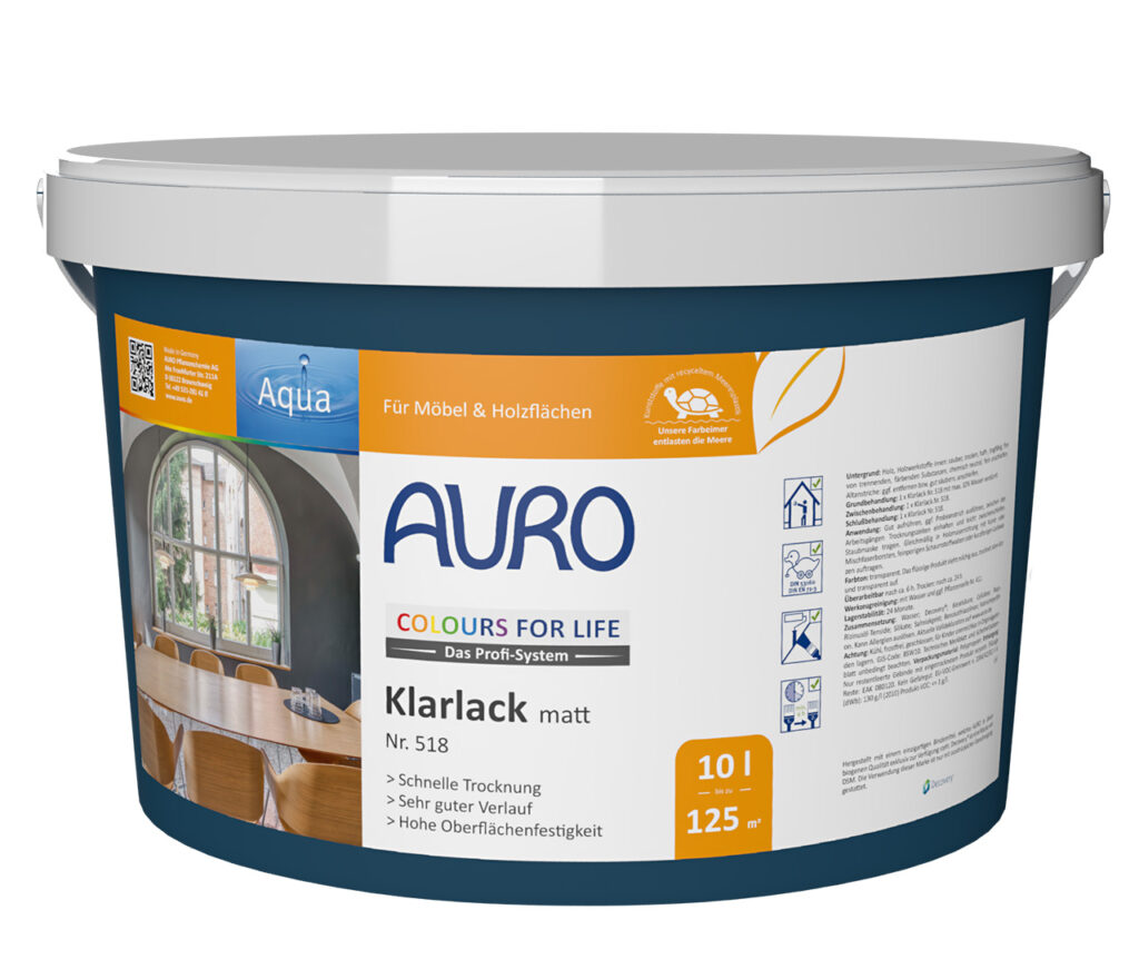 AURO COLOURS FOR LIFE Klarlack, matt Nr. 518, Gebinde 10 Liter AURO COLOURS FOR LIFE Klarlack, matt Nr. 518 als 10 Liter Gebinde für großflächige Holzobjekte innen