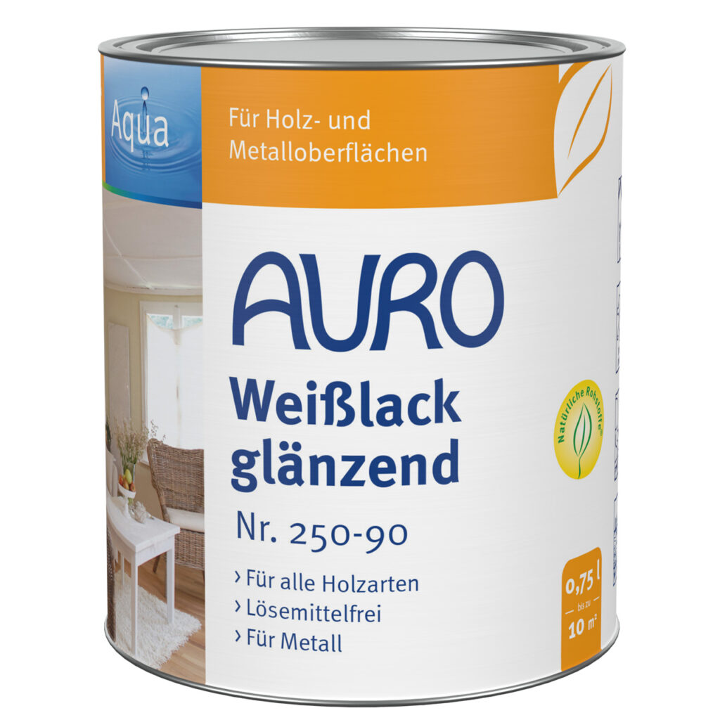 AURO Weißlack glänzend Nr. 250-90 | 0,75 Liter Dose | Metalllack AURO Weißlack glänzend Nr. 250-90 als 0,75 Liter Dose – lösemittelfrei und wetterbeständig