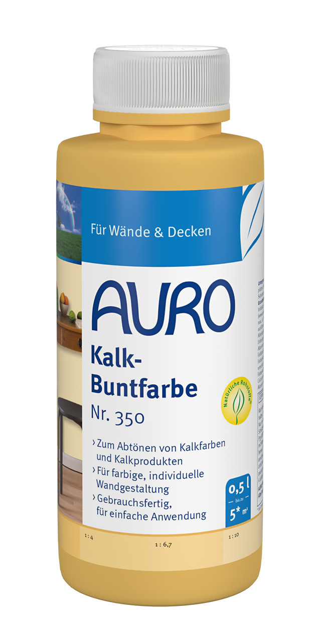 AURO Kalk-Buntfarbe Nr. 350 – 0,5 Liter Gebinde für kräftige Töne auf Kalkbasis AURO Kalk-Buntfarbe Nr. 350 im 0,5 Liter Gebinde zur farblichen Gestaltung von Kalkfarben und Putzen