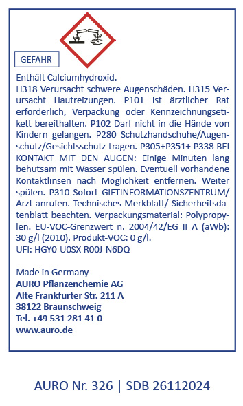 Gefahrenstoff-Symbol Ein deutsches Sicherheitsetikett für Chemikalien mit einem roten Gefahrensymbol und Warnhinweisen zu Calciumhydroxid, einschließlich der Gefahr schwerer Augenschäden und Hautreizungen. Herstellerinformationen und Notfallanweisungen sind ebenfalls enthalte