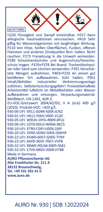 Ein deutsches Sicherheitsetikett für Chemikalien mit Gefahrensymbolen für Entzündlichkeit, Gesundheitsgefahr und Umweltgefahr sowie Sicherheitshinweisen, Produktdetails, Firmenadresse und Kontaktinformationen.