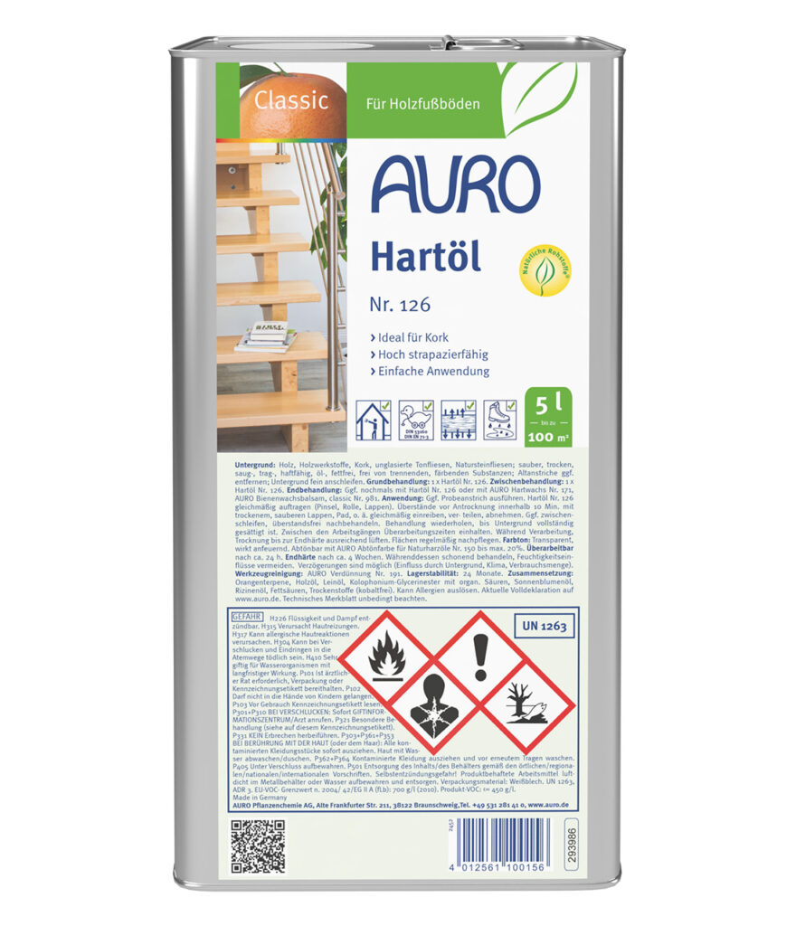 AURO Hartöl Nr. 126 – Innenbereich Holzöl 5 Liter Kanister AURO Hartöl Nr. 126 im 5 Liter Kanister – ideal für größere Holzflächen im Wohnbereich