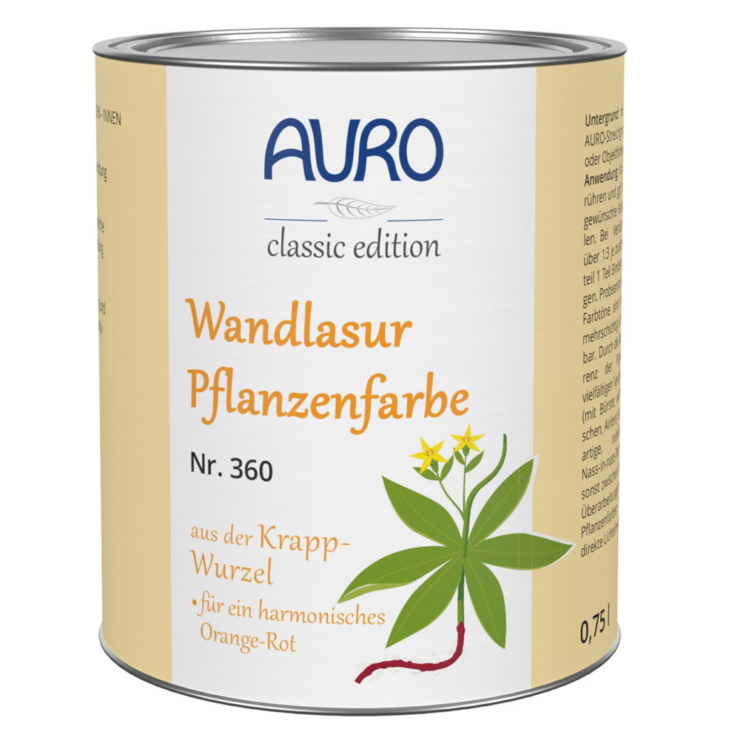 AURO Wandlasur-Pflanzenfarbe Nr. 360 Reseda-Krapp-Orange 0,75 L Dose AURO Wandlasur-Pflanzenfarbe Nr. 360 in Reseda-Krapp-Orange, 0,75 Liter Dose – Farbvielfalt mit Pflanzenpigmenten