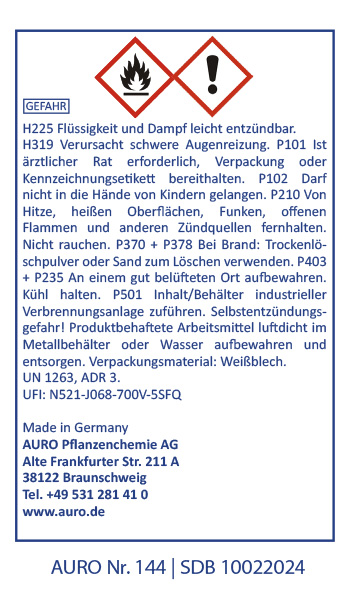 Gefahrenstoff-Symbol Ein deutsches Sicherheitsetikett mit roten Gefahrensymbolen, Sicherheitshinweisen und Warnhinweisen für eine brennbare Flüssigkeit der AURO Pflanzenchemie AG, inklusive Vorsichtsmaßnahmen und Kontaktinformationen.