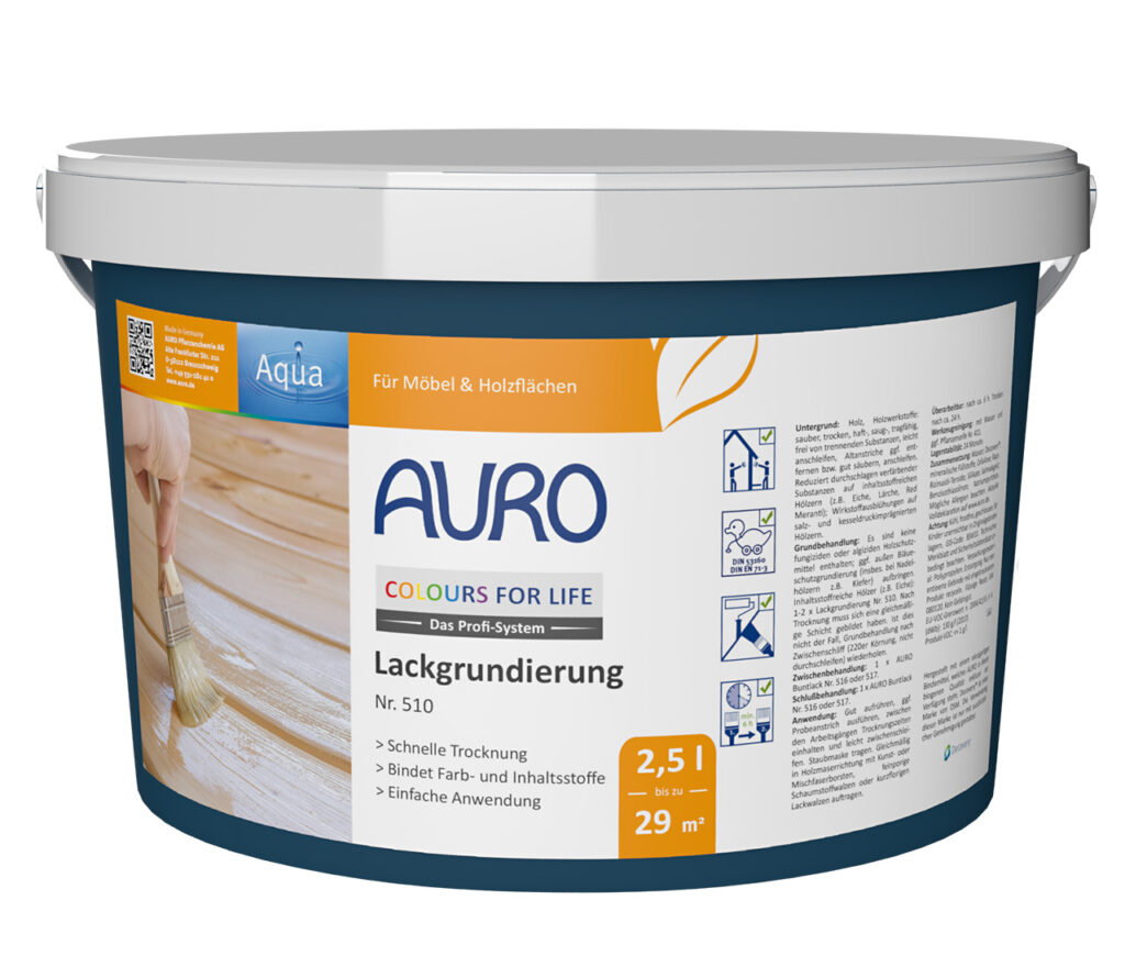 AURO Lackgrundierung Nr. 510 – 2,5 Liter Gebinde für Holzschutz AURO COLOURS FOR LIFE Lackgrundierung Nr. 510 im 2,5 Liter Gebinde – sichere Grundierung mit Spielzeugnorm.
