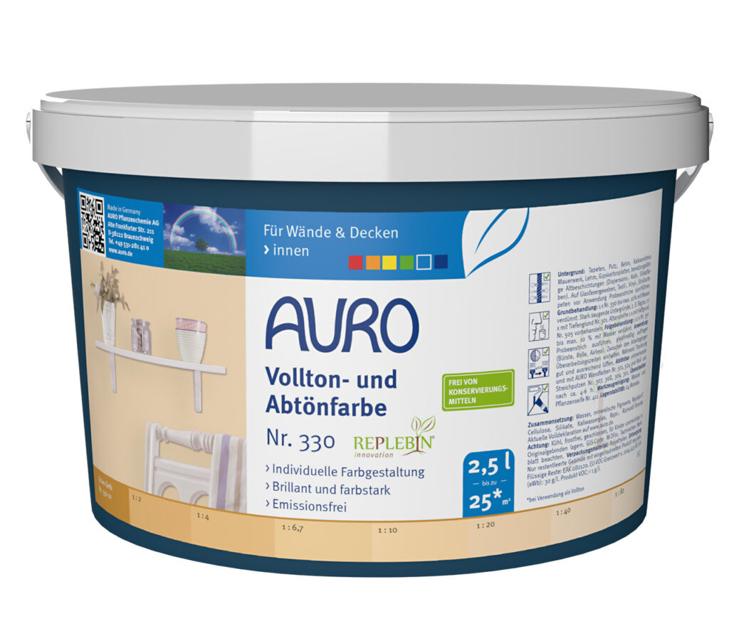AURO Vollton- und Abtönfarbe Nr. 330 – 2,5 Liter Gebinde mit REPLEBIN® für starke Farbtöne AURO Vollton- und Abtönfarbe Nr. 330 im 2,5 Liter Gebinde für großflächige, intensive Farbgestaltung mit REPLEBIN®
