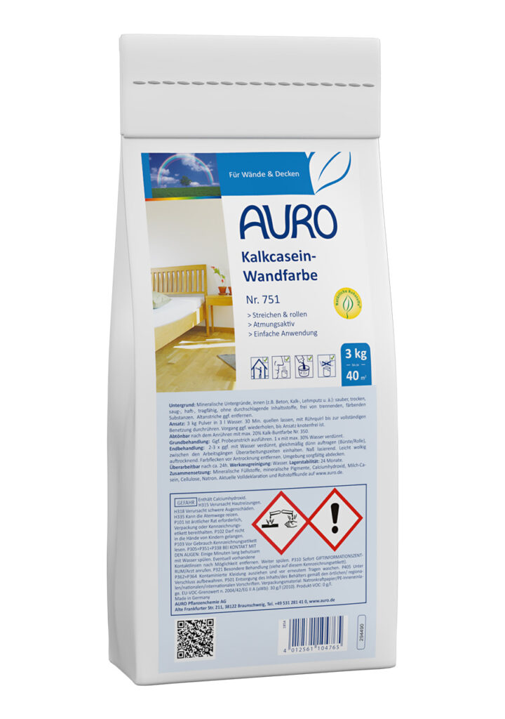 AURO Kalkcasein-Wandfarbe Nr. 751 im Sack, 3 kg – Pulverfarbe für Innen AURO Kalkcasein-Wandfarbe Nr. 751 im 3 kg Sack, weiße seidenmatte Pulverfarbe zum Selbstanrühren für Innenwände