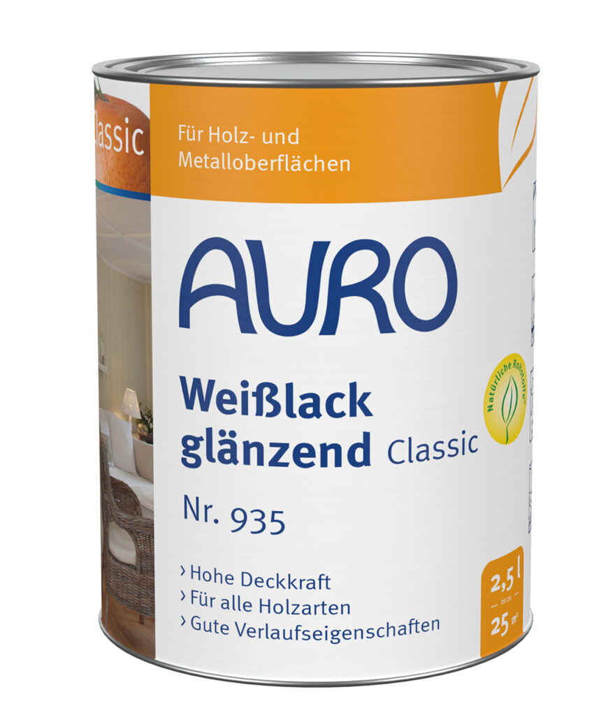 AURO Weißlack, Classic Nr. 935 glänzend Dose 2,5 Liter für innen & außen AURO Weißlack, Classic Nr. 935 in 2,5 Liter Dose, glänzend, vielseitig einsetzbar für Holz- und Metallflächen
