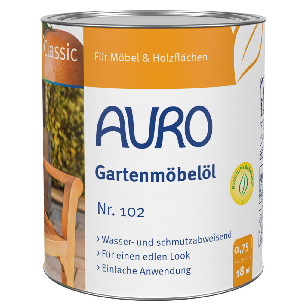AURO Gartenmöbelöl Nr. 102 – 0,75 Liter Dose für Holzpflege außen Schützen und pflegen Sie Ihre Holzmöbel auf natürliche Weise mit dem Gartenmöbelöl von AURO Pflanzenchemie. Wasser- und schmutzabweisend, leicht aufzutragen und mit 0,75 l für bis zu 18 m² lang anhaltende Schönheit im Außenbereich.