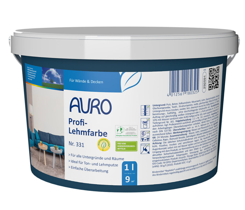 AURO Profi-Lehmfarbe Nr. 331 – 1 Liter Gebinde für Innenwände AURO Profi-Lehmfarbe Nr. 331 im 1 Liter Gebinde, konservierungsmittelfrei, diffusionsoffen und spritzwasserresistent.