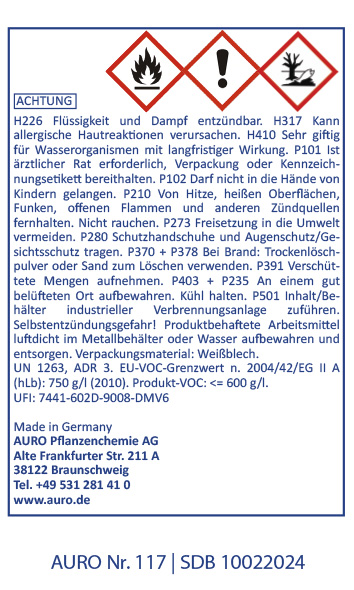Ein deutsches Warnschild für Chemikalien mit Gefahrensymbolen für entzündlich, gesundheitsschädlich und umweltgefährdend. Der Text enthält Sicherheitshinweise, Herstellerinformationen, Vorsichtsmaßnahmen bei der Handhabung und Produktdetails.