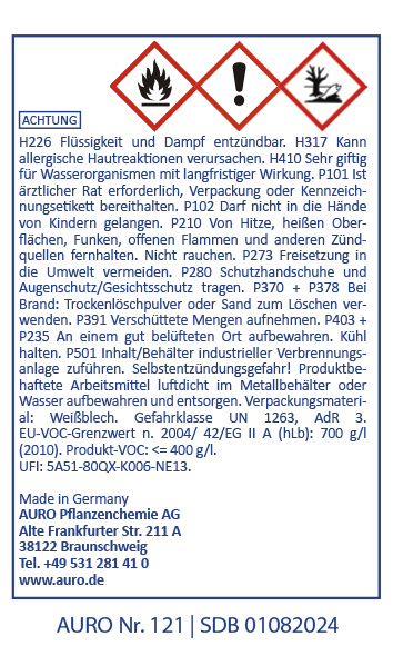 Gefahrenstoff-Symbol Ein deutschsprachiges Chemikaliensicherheitsetikett mit Gefahrensymbolen, Warntexten für entzündbare Flüssigkeiten, Hautsensibilisierung und Umweltgefahren sowie Herstellerangaben der AURO Pflanzenchemie AG.