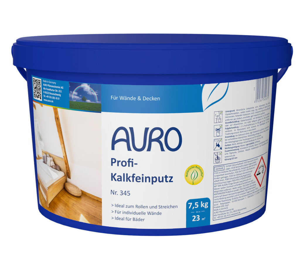 AURO Profi-Kalkfeinputz Nr. 345 – 7,5 kg Gebinde für gesundes Raumklima AURO Profi-Kalkfeinputz Nr. 345 im 7,5 kg Gebinde – mineralischer Sumpfkalk-Feinputz für atmungsaktive, schimmelvorbeugende Wandflächen.