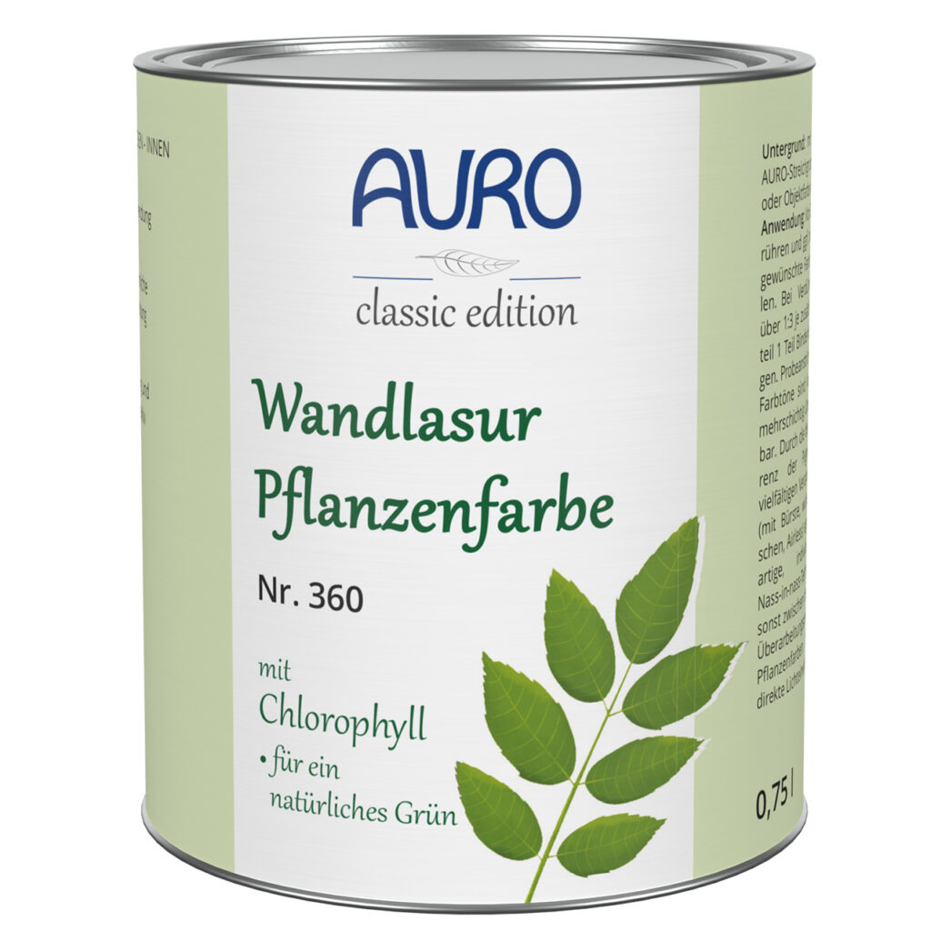 AURO Wandlasur-Pflanzenfarbe Nr. 360 in Blattgrün, 0,75 Liter Dose – natürliche Lasurfarbe mit Pflanzenpigmenten