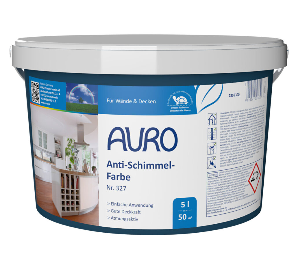 AURO Anti-Schimmel-Farbe Nr. 327 – 5 Liter Gebinde, weiße Wandfarbe AURO Anti-Schimmel-Farbe Nr. 327 in 5 Liter Gebinde – atmungsaktive Wandfarbe gegen Schimmel, weiß, gebrauchsfertig