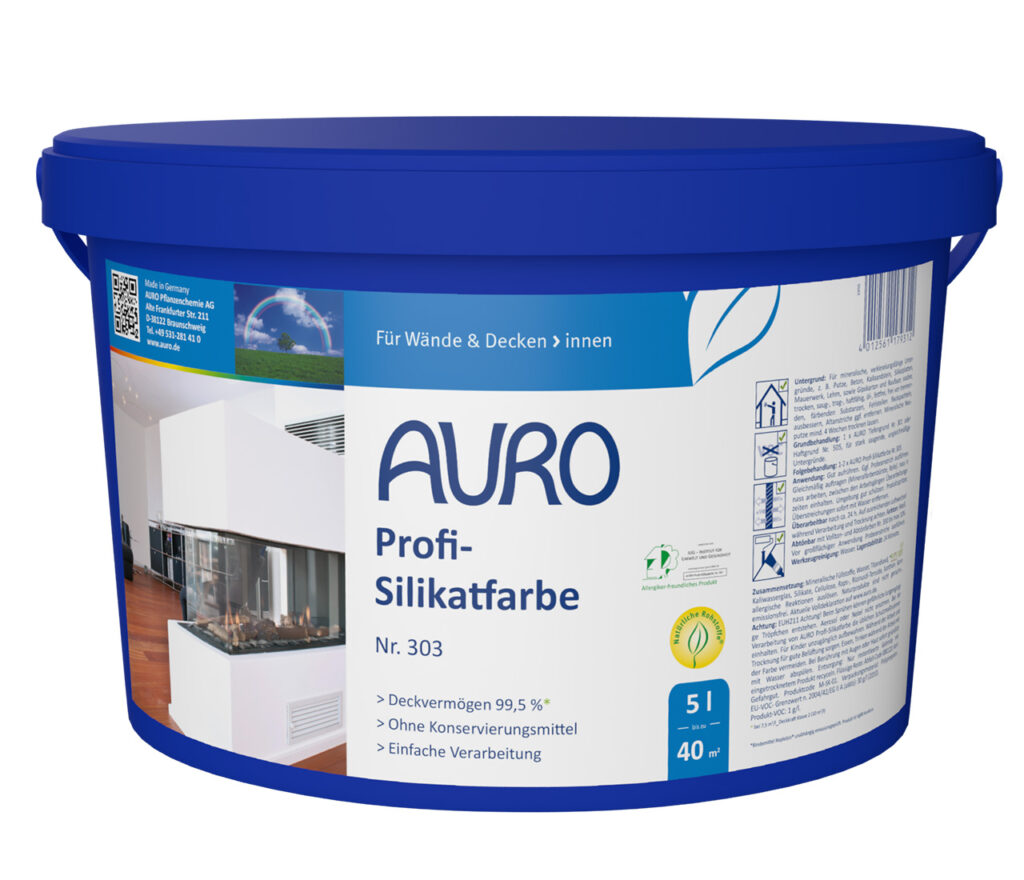 AURO Profi-Silikatfarbe Nr. 303 – 5 Liter Gebinde für Innenwände AURO Profi-Silikatfarbe Nr. 303 in weiß im 5 Liter Gebinde – konservierungsmittelfrei, deckstark, langlebig und diffusionsoffen