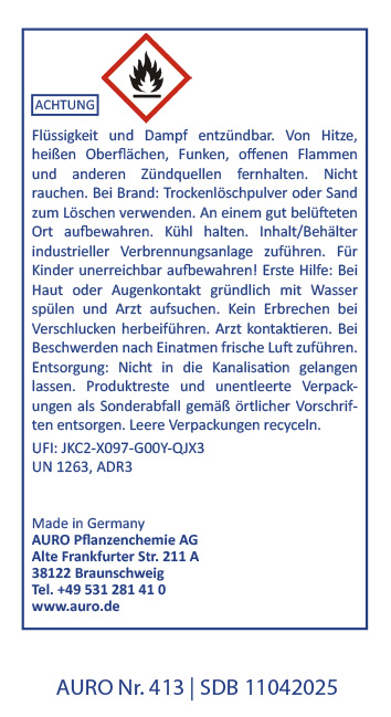 Warnschild mit dem Symbol „Entzündlich“. Der deutsche Text enthält Sicherheitshinweise zum Umgang mit brennbaren Flüssigkeiten, einschließlich der Behandlung von Verletzungen, der Entsorgung und der Kontaktinformationen des Herstellers AURO Pflanzenchemie