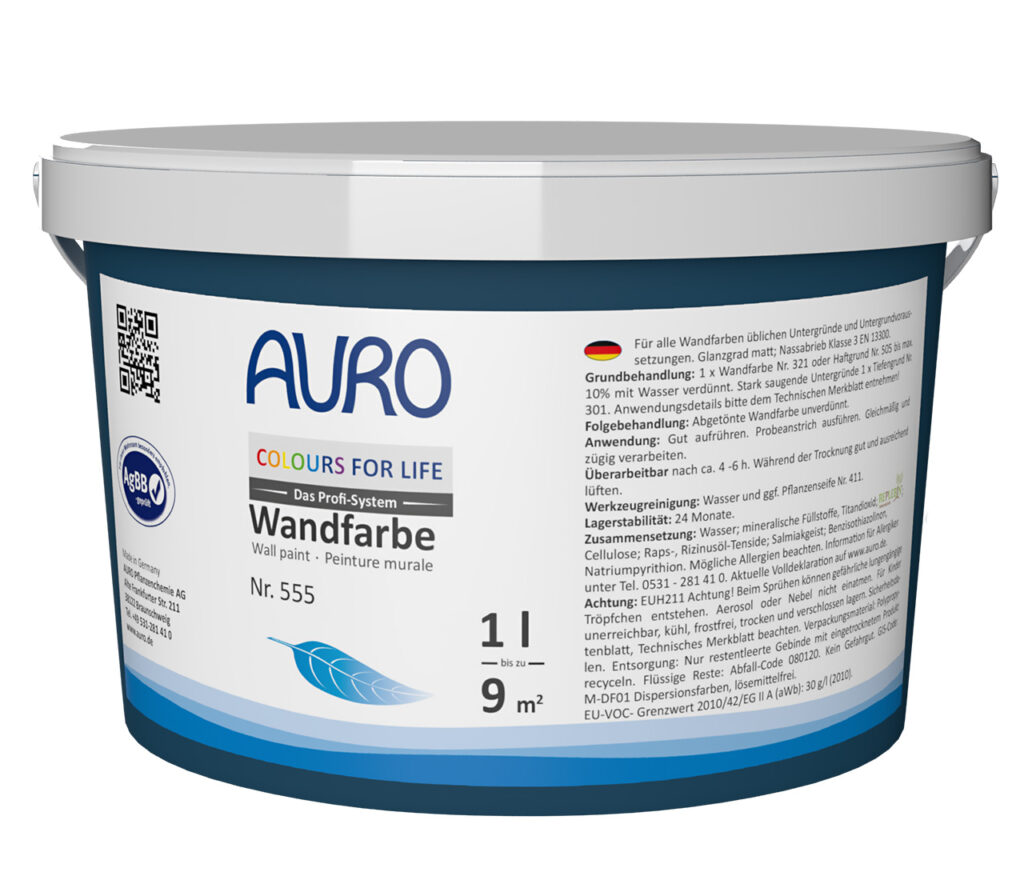 AURO COLOURS FOR LIFE Premium Wand- und Deckenfarbe Nr. 555 im 1 Liter Gebinde – emissionsfrei, deckstark und tropfarm