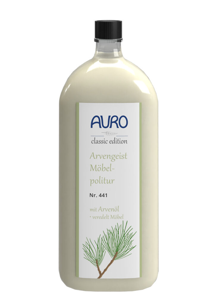 AURO Arvengeist-Möbelpolitur Nr. 441 – Holzpflege Glasflasche 0,25 Liter AURO Arvengeist-Möbelpolitur in 0,25 Liter Glasflasche mit Arvenöl für antistatische, wachspflegende Holzoberflächen