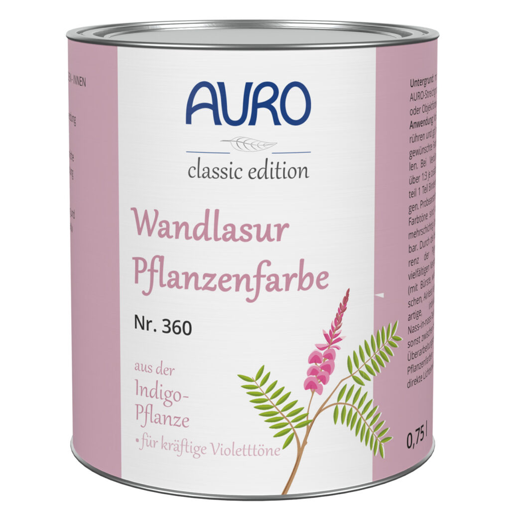 AURO Wandlasur-Pflanzenfarbe Nr. 360 Indigo-Rotviolett 0,75 L Dose AURO Wandlasur-Pflanzenfarbe Nr. 360 in Indigo-Rotviolett, 0,75 Liter Dose – farbintensive Lasur mit Schichttechnik