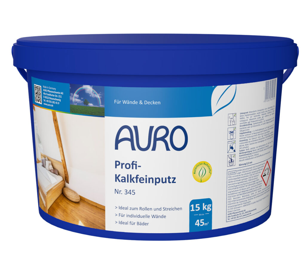 AURO Profi-Kalkfeinputz Nr. 345 – 15 kg Gebinde auf Sumpfkalkbasis AURO Profi-Kalkfeinputz Nr. 345 im 15 kg Gebinde – geruchsabsorbierender, diffusionsoffener Innenputz mit dekorativer Struktur.