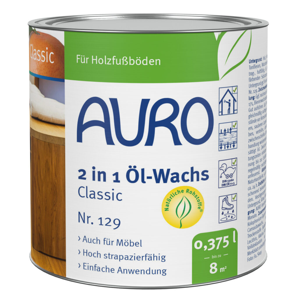 AURO 2 in 1 Öl-Wachs Classic Nr. 129 – 0,375 Liter Dose für Holzpflege AURO 2 in 1 Öl-Wachs Classic Nr. 129 in 0,375 Liter Dose für Möbel und Fußböden