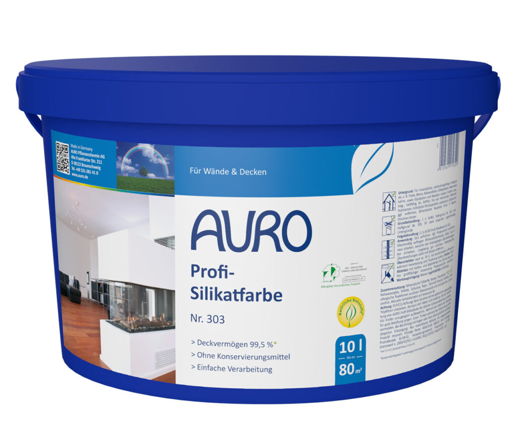 AURO Profi-Silikatfarbe Nr. 303 – 10 Liter Gebinde mit Replebin® Bindemittel AURO Profi-Silikatfarbe Nr. 303 als 10 Liter Gebinde – schimmelhemmend, deckend, für Beton, Gipskarton und Raufaser geeignet