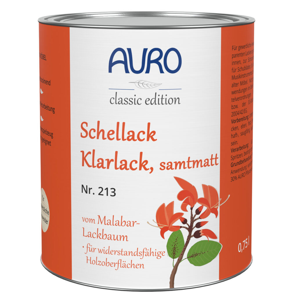 AURO Schellack-Klarlack, samtmatt Nr. 213 in 0,75 Liter Dose – hochwertiger Holzlack für Möbel und Instrumente