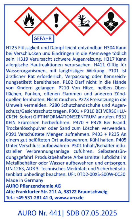 Gefahrenstoff-Symbol Ein deutsches Warnschild für Chemikalien mit Gefahrensymbolen, Sicherheitshinweisen und Kontaktdaten der AURO Pflanzenchemie AG. Das Schild enthält Sicherheitssätze, Gefahrencodes und den fettgedruckten Text „GEFAHR“.