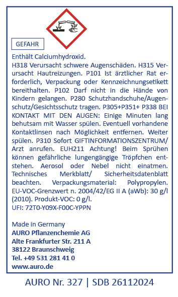 Ein Warnhinweis in deutscher Sprache für ein Produkt, das Calciumhydroxid enthält. Er zeigt ein rotes Gefahrensymbol und Sicherheitshinweise, Herstellerangaben und einen Strichcode am unteren Rand.