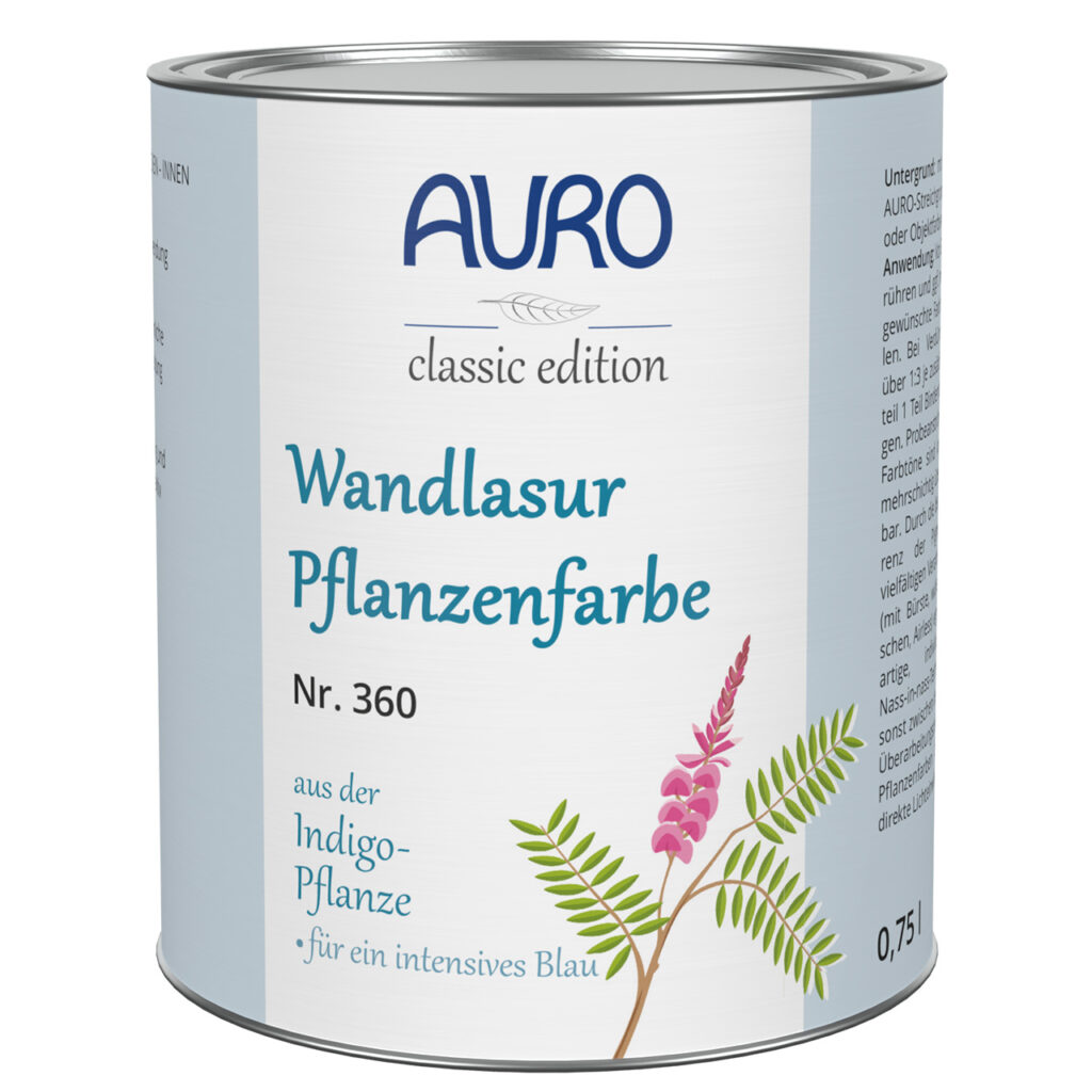AURO Wandlasur-Pflanzenfarbe Nr. 360 Indigo-Blau 0,75 L Dose AURO Wandlasur-Pflanzenfarbe Nr. 360 in Indigo-Blau, 0,75 Liter Dose – transparente Pflanzenfarbe zur Raumgestaltung