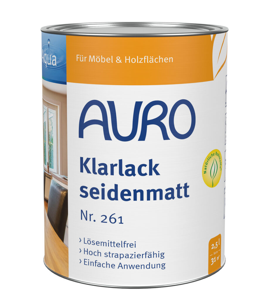 AURO Klarlack seidenmatt Nr. 261 in 2,5 Liter Dose, lösemittelfrei für Holzobjekte innen