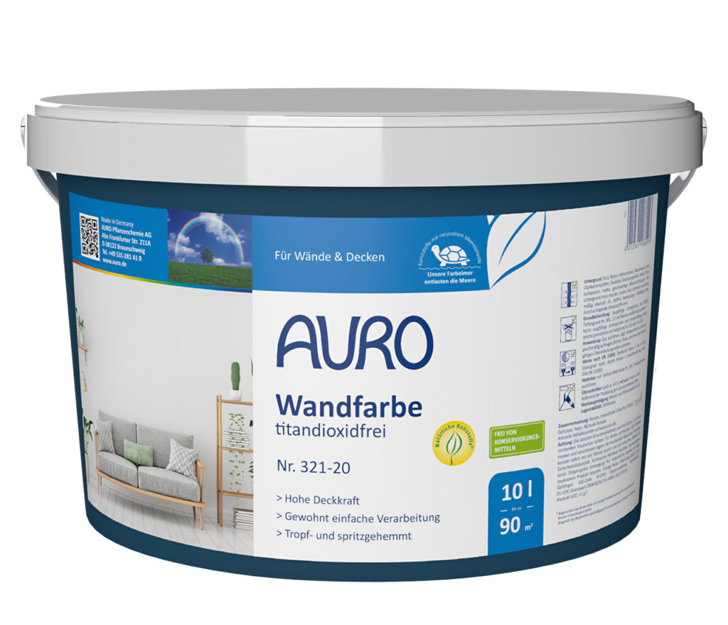 AURO Wandfarbe, titandioxidfrei Nr. 321-20 im 10 Liter Gebinde – matt-weiß, tropft wenig und eignet sich ideal für kreative Farbgestaltung.
